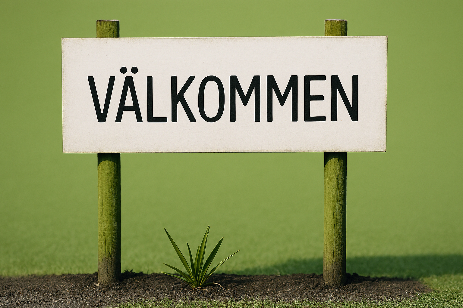 En vit välkommenskylt på två stolpar